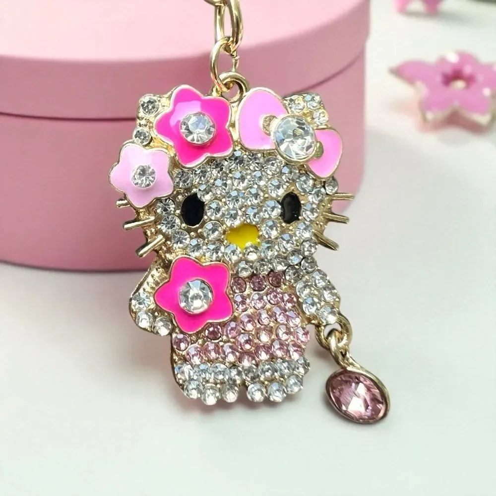 Cute Pink And Clear Crystal Flower Hello Kitty Keychain